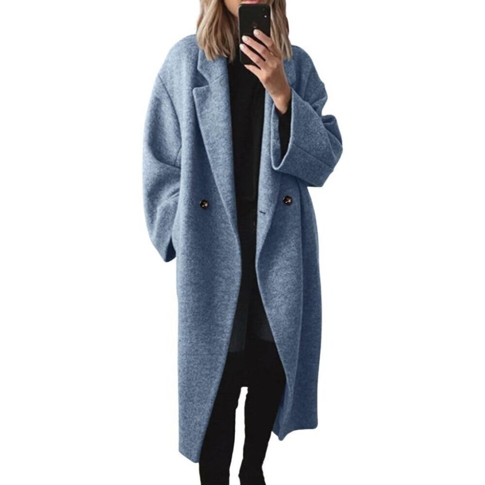Women's Blue Winter Double Breasted Wool Coat Long Sleeve Long Trench Coat